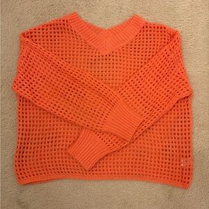 Rhapsody Vibrant Orange V-Neck open weave Sweater, size L/XL
